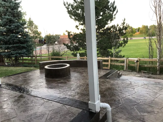 Charcoal stone-stamped patio with a fire pit